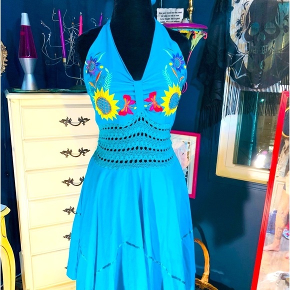 Authentic Mexican Halter Cotton Dress From MX  Med/Lg Cruise Resort Vacation - Picture 1 of 5